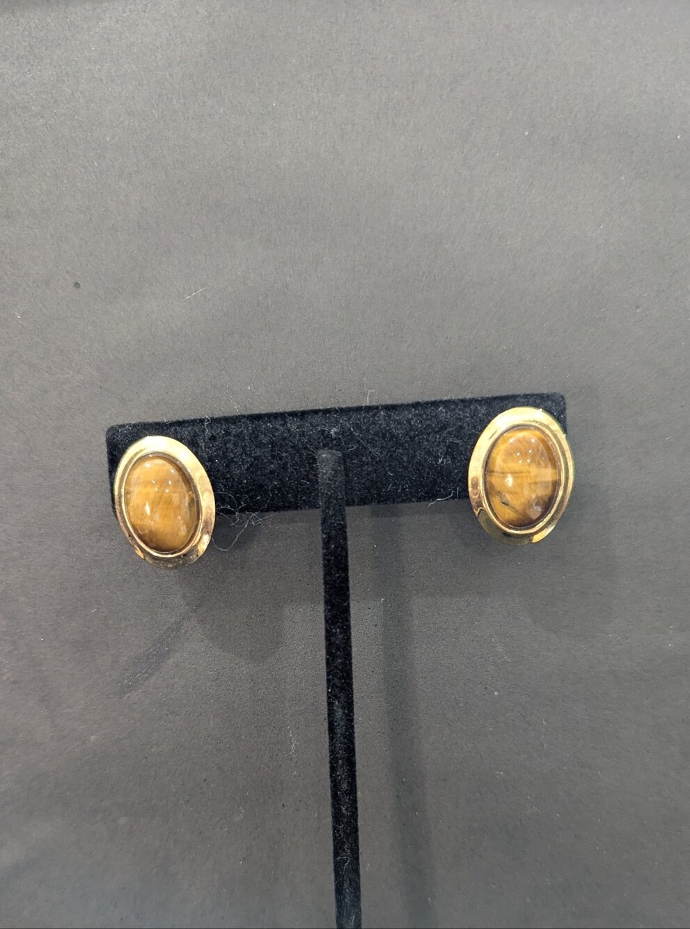 Avon Gold-Tone Oval Earrings with Brown Cabochon